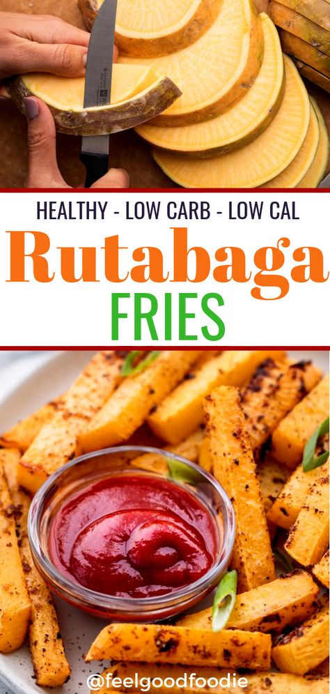 Rutabaga is an under-served root vegetable that can be cut up, seasoned and oven-baked to make this keto friendly, low carb, low calorie Rutabaga Fries recipe that makes a great side dish | Root Vegetables | Winter Vegetables | Low carb vegetables | Ketogenic | Low carb | #rutabagafries #rutabaga #lowcarb #ketofriendly via @feelgoodfoodie1 Rudabega Fries Recipes, Low Carb Rutabaga Recipes, Recipe For Rutabagas, Low Carb Root Vegetables, Canning Rutabaga Recipes, Vegan Rutabaga Recipes, Recipes With Rutabaga, Keto Rutabaga Recipes, Rudabega Recipes