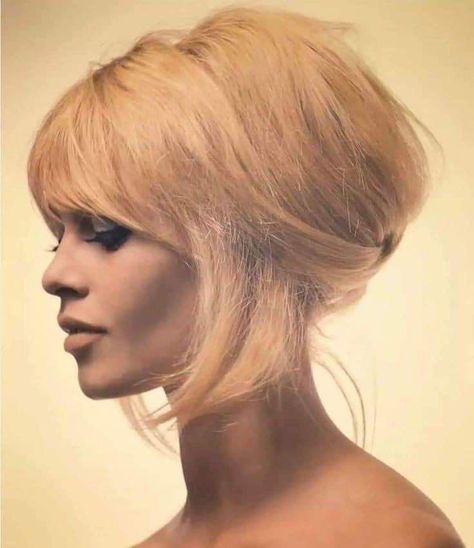 1960s Bridget Bardot, Bridgette Bardot Updo, Brigitte Bardot Fringe, Bridget Bardot Outfits, Bridget Bardot Hairstyle, Long Hair Vintage Styles, Bridgette Bardot Bangs, Gogo Dancer Hair, Bardot Bangs Short Hair