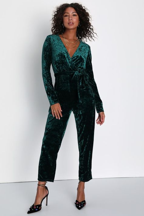 Velvet Jumpsuit Outfit, Glamorous Jumpsuit, Emerald Jumpsuit, Pantsuit Outfit, Velvet Pantsuit, Fancy Jumpsuit, Winter Jumpsuit, Gathered Bodice, Velvet Jumpsuit