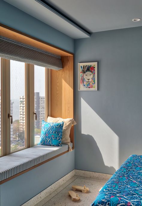 This sun-kissed South Mumbai home comes with gorgeous views of the city skyline | Architectural Digest India Drawing Room Window Designs, Dining Window Ideas, Window Sitting Ideas Indian, Window Side Seating, Window Sitting Ideas, Indian Window Design, Goa Villa, Terrace Designs, Mom Room