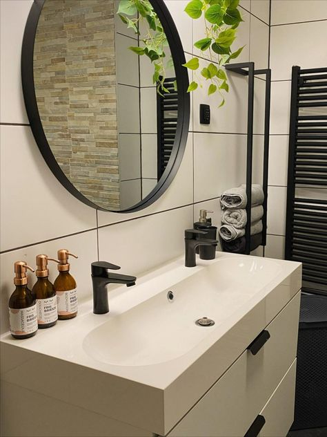 Black Round Bathroom Mirror Bathroom Circle Mirror Ideas, Round Bathroom Mirror, Black Bathroom Mirror, Black Round Mirror, Bathroom Mirror With Shelf, Round Bathroom, Circle Mirror, Mirror Ideas, Black Circle