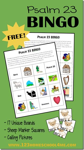 Psalm 23 Bible Bingo Game - This bible activity is perfect for families, homeschool bible, or sunday school teachers studying David or the book of Psalms. This free printable games includes 17 game boards, lamb markers, and calling cards. Perfect for preschool, kindergarten, 1st grade, 2nd grade, and 3rd grade kids. Bible Bingo, Bible Games For Kids, Awana Cubbies, School Games For Kids, 12 Disciples, 23rd Psalm, 123 Homeschool 4 Me, Sunday School Games, Bingo For Kids