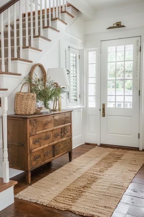 Charming Farmhouse Foyer Ideas to Welcome You Home Modern Farm Entryway, Farmhouse Modern Entryway Ideas, Vintage Foyer Ideas, English Cottage Foyer, Colonial Entryway Foyers, Entryway With Stairs Ideas, English Style Home Interior Design, Staircase Entryway Ideas, English Country Entryway