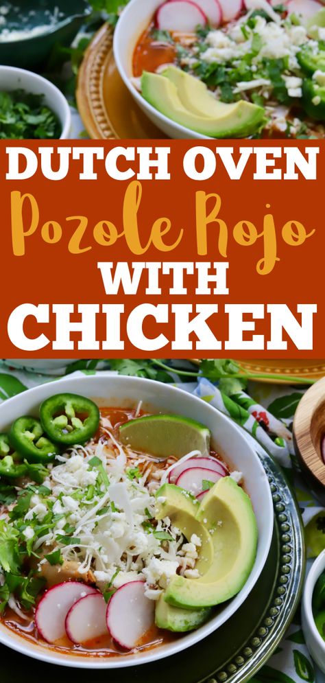 Dutch Oven Pozole Rojo with Chicken Slice of Jess Posole Recipe Chicken, Chicken Posole, Gnocchi Sauce, Posole Recipe, Mexican Stew, Mexican Night, Chile Peppers, Ancho Chili, Jalapeno Chicken