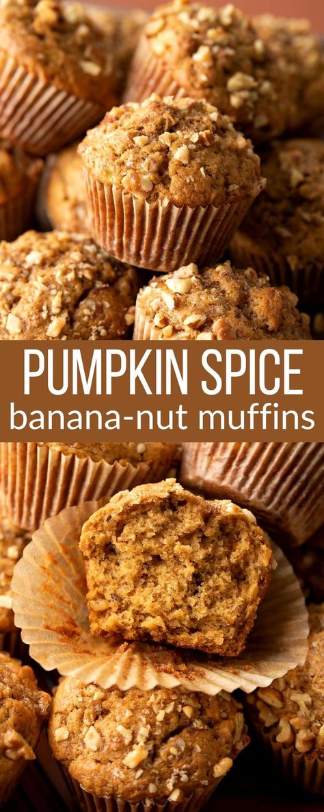 banana nut muffins with pumpkin and walnuts Pumpkin Banana Nut Muffins, Pumpkin Spice Banana Muffins, Fall Banana Muffins, Banana Pumpkin Cupcakes, Sourdough Banana Pumpkin Muffins, Banana Nut Muffins Bakery Style, Banana Spice Muffins, Pumpkin Nut Muffins, Pumpkin Date Muffins