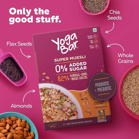 Start your day with #healthybreakfast #yogabar #supermuesli with 0% Added Sugar www.gymvitals.io Product Benefits Design, Supplement Shop, Social Media Branding Design, Desain Buklet, Food Advertising, Motion Design Video, Graphic Design Ads, Food Graphic Design, Food Poster Design