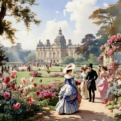 Royal garden party at Castle Howard by Alex - Playground Royal Paintings, Landscape Castle, Royal Garden Aesthetic, Kingdom Aesthetic, Castle Aesthetic Painting, English Garden Illustration, Fantasy Castle Garden Aesthetic, Castle Garden Fantasy Art, Rococo Garden Painting