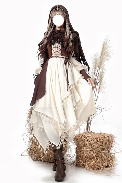 Fantasy Dress Ideas, Fantasy Fashion Outfits, White Clothing Aesthetic, Traveller Outfit, Travelers Outfit, Fantasy Outfit Ideas, Candle Dress, Brown Dress Aesthetic, Casual Fantasy Clothing