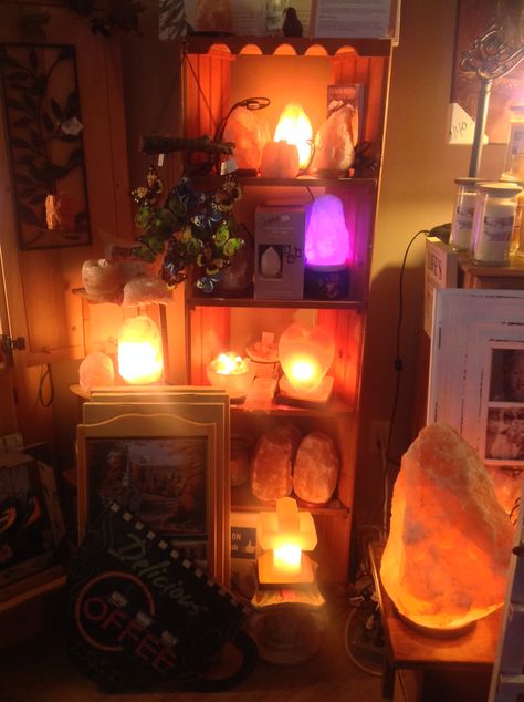 Himalayan Salt Rock Lamps Sold at Grapevine Cottage (705) 445-8001 www.grapevinecottage.ca Himalayan Salt Lamp Aesthetic, Yoga Den, Rock Lamps, Goblincore Room, Himalayan Salt Benefits, Himalayan Rock Salt Lamp, Salt Wall, Home Decor Cottage, Salt Rock