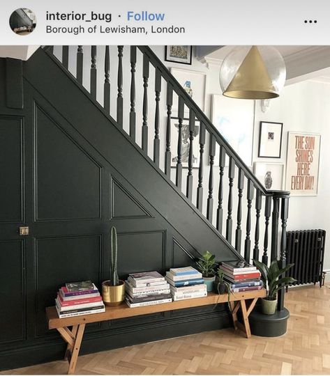 Dark Green Hallway, Modern Hallway Design, Dark Staircase, Hallway Gallery Wall, Green Hallway Ideas, Green Wall Color, Victorian Hallway, Dark Green Walls, Green Hallway