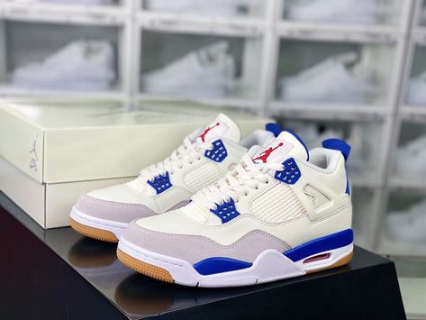 Jordan 4s Blue And White, Luxury Blue Air Jordan 4 For Sports, Blue High-top Air Jordan 4, Jordan 4 Military Blue Outfit, Jordan 4’s Blue & White, Jordan Retro 4, Brand Sneakers, Retro 4, Shoes Retro