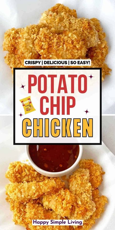 These golden brown chicken tenders are coated with crispy crushed potato chips for an easy dinner the whole family will love! Chip Chicken Tenders, Breaded Wings, Chip Chicken, Potato Chip Chicken, Baked Potato Chips, Bbq Chips, Chicken Tenders Recipe, Potato Chip Recipes, Brown Chicken