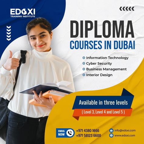 Acquire skills that would make you job-ready with Diploma Courses in Dubai. Get a step closer to the Bachelor's Degree of your choice with Edoxi Training Institute's Diploma Courses. Edoxi offers Diploma courses in IT, Cyber Security, Business Management and Interior Design. The courses are available in three levels- Level 3, Level 4 and Level 5. Enrol now! #Diploma #edoxi #dubai #DiplomaCourses Australia Visa, O Levels, Bachelor's Degree, Diploma Courses, Udemy Courses, Bachelors Degree, Level 5, Level 4, Education Center