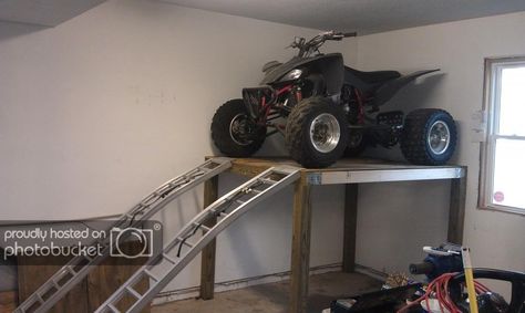 ATV Shelf - Storage - Space issue solved (PICS!) - Yamaha Raptor Forum Motorcycle Storage Garage, Atv Storage, Shed Diy, Atv Implements, Big Garage, Storage Shed Organization, Diy Storage Rack, Four Wheeler, Garage Tool Organization