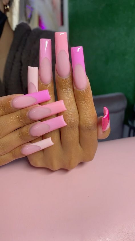 Simple Pink French Nails, Shades Of Pink French Tip Nails, Different Shades Of Pink Nails French Tip, Different Pink Nails Shades, Shades Of Pink Acrylic Nails, Pink French Tip With Design, Pink Nails Different Shades, 5 Shades Of Pink Nails, Pink Base Nails