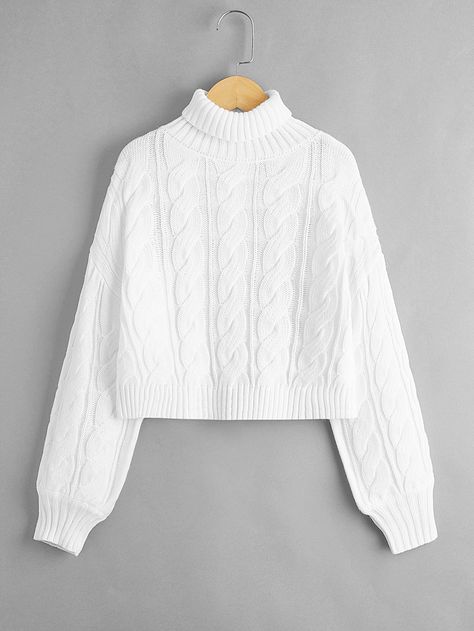 White Casual  Long Sleeve Acrylic Plain Pullovers Embellished Slight Stretch Fall/Winter Girls Clothing White Knitted Jumper, Aesthetic Winter Sweaters, Withe Sweater, Sweater For Girls Winter, Short White Sweater, White Winter Sweater, White Knitted Sweater, White Turtle Neck, Girls Turtleneck