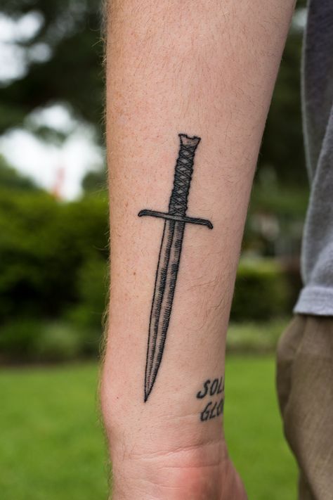 Swords Tattoo, Tattoos On Wrist, Wörter Tattoos, Knife Tattoo, Dagger Tattoo, Little Tattoos, Word Tattoos, American Traditional, Couple Tattoos