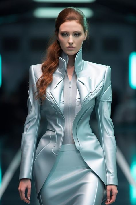 Cool Futuristic Outfits, Robot Fashion Design, Futuristic Scientist, Sci Fi Fashion Futuristic, Futuristic Aesthetic Outfit, Futuristic Outfits Women, Future Fashion Women, Futuristic Pants, Futuristic Fashion Aesthetic