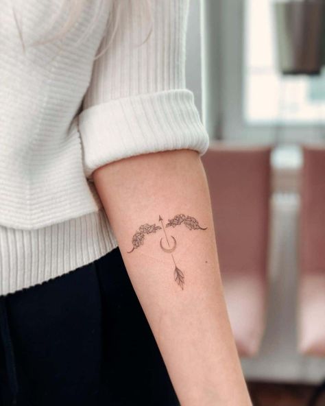 Moon Bow And Arrow Tattoo, Minimal Bow And Arrow Tattoo, Moon Sagittarius Tattoo, Artemis Arrow Tattoo, Moon Arrow Tattoo Design, Mini Bow And Arrow Tattoo, Bow Arrow Tattoos For Women, Minimalist Bow And Arrow Tattoo, Floral Bow And Arrow Tattoo