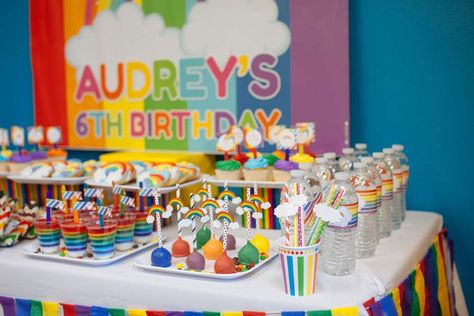 Colorful Rainbow Birthday Dessert Table | CatchMyParty.com Rainbow Dessert Table, Rainbow Birthday Party Ideas, Rainbow Desserts, Dessert Table Birthday, Candy Rainbow, Birthday Dessert, Rainbow Theme Party, Rainbow Photo, Rainbow Birthday Party