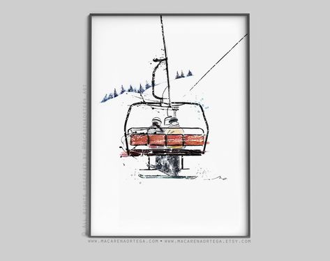 2 people in Skilift art print chairlift watercolor Skier (N72/78/101) Ski lift art skis print snowboarder Sport skiing ski resort (72/78) Resort Artwork, Ski Card, Ski Art Print, Skiing Art, Ski Print, Ski Art, Ski Decor, Mountain Decor, France Art