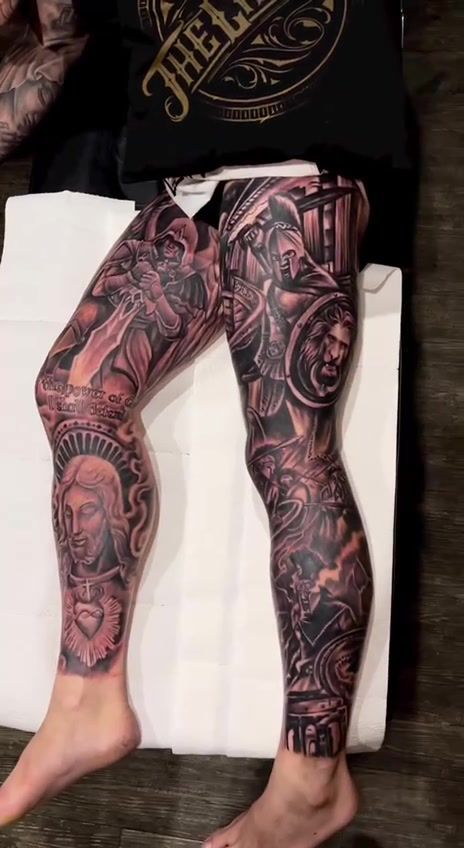 #THIGHTATTOOSWOMENBLACK thigh tattoos women black #mentattoo #tattoo #tattoos #tattooartist #ink #tattooideas #inked #tattooart #tattoolife #armtattoo #tattooed #blacktattoo #men #art #tatuajes #lovetattoo #tattooing #fashion #tattoostyle #realistictattoo #girltattoo #artist #tattoolove #handtattoo #inkedmen #tattooink #menstyle #treetattoo #tatuaje #blackandgreytattoo Christian Leg Sleeve Tattoos, Religious Leg Sleeve Tattoo, Full Leg Sleeve Tattoo Male, Thigh Tattoos Women Black, Angel Sleeve Tattoo, Tattoo Perna, Roman Tattoo, Shin Tattoo, Animal Sleeve Tattoo