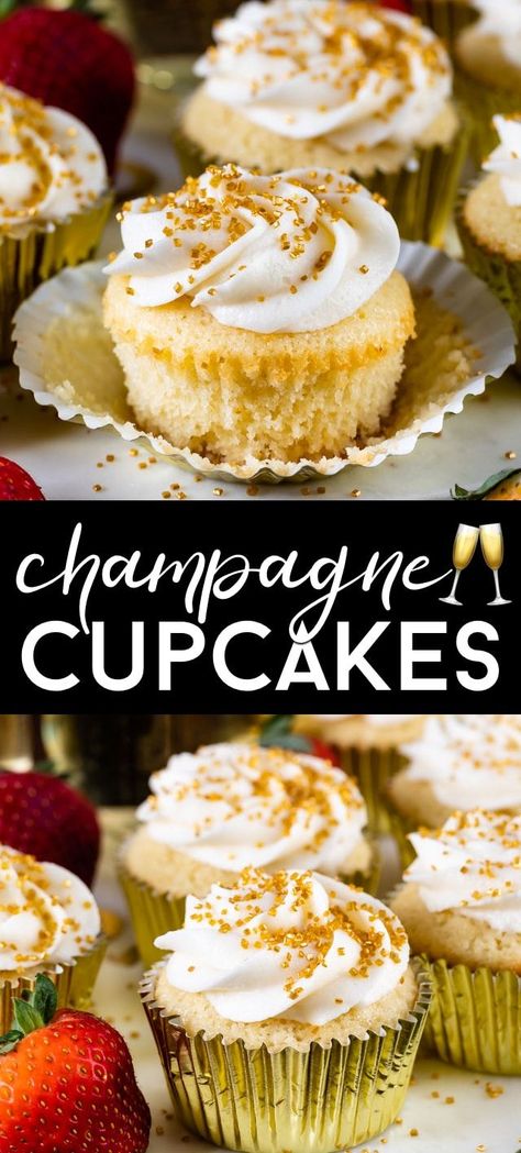 Make Champagne Cupcakes for a celebration! These homemade white cupcakes are filled with champagne and topped with a champagne frosting. They're an easy cupcake recipe perfect for a party, Valentine's Day or a NYE dessert! Lemon Champagne Cupcakes, Champagne Cupcakes From Scratch, Prosecco Cupcakes, Nye Desserts, Champagne Frosting, Champagne Cupcake Recipes, Easy Cupcake Recipe, Celebration Cupcakes, Champagne Buttercream