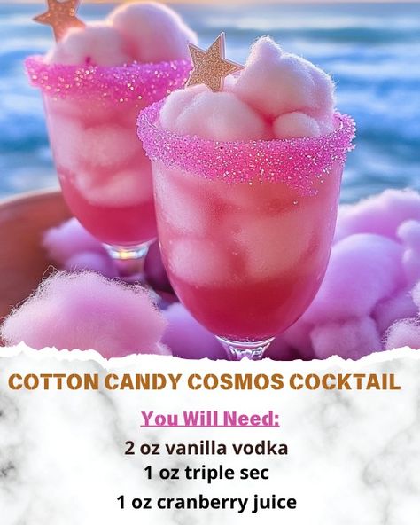 Pink Cotton Candy Cocktail, Cotton Candy Cosmo, Cotton Candy Alcoholic Drink, Disney Alcoholic Drinks, Drink Essentials, Alcoholic Milkshake, Cotton Candy Drinks, Cotton Candy Cocktail, Pink Vodka