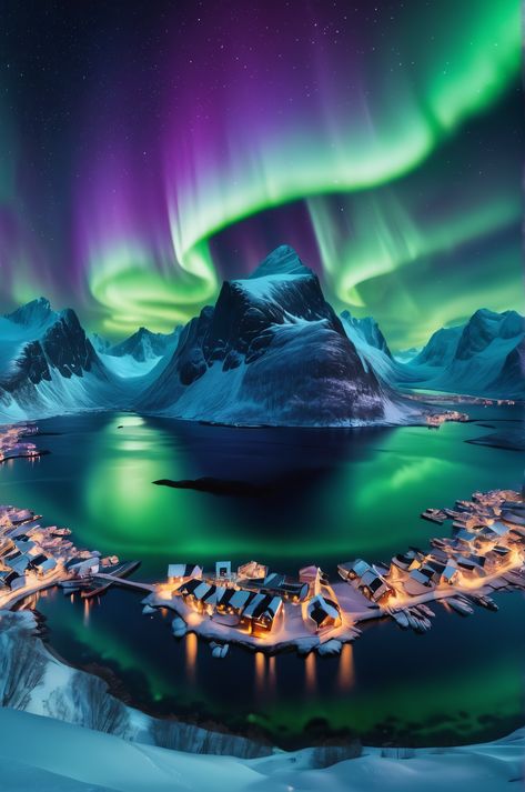 Journey to the enchanting Lofoten Islands in Norway, where the polar night reveals a breathtaking spectacle of snow-capped peaks, cozy fishing villages, and the mesmerizing aurora borealis dancing across the sky. This 8K resolution desktop background, created with AI 3D visualization, captures the unique beauty of mesas, salt flats, and volcanic vents under the celestial... Otherworldly Beauty, Arctic Landscape, Lofoten Norway, Night Magic, Polar Night, Lofoten Islands, The Aurora Borealis, Salt Flats, 8k Wallpaper