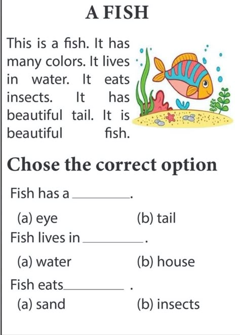 A fish . Read  and choose the correct answer . easy reading worksheet Easy Comprehension Worksheets, Grade1 Worksheets English, Easy Reading Worksheets, Read And Answer Worksheet, Grade 2 Worksheets English, Fish Worksheet, Phonics Reading Passages, Reading Comprehension Practice, Reading Comprehension For Kids