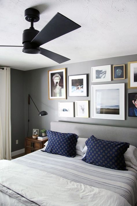 A Modern Ceiling Fan in our Bedroom w/ wall switch for speeds | Chris Loves Julia Fan In Bedroom Ceiling, Black Ceiling Fan Bedroom, Ceiling Fan In Bedroom, Modern Ceiling Fan Bedroom, Modern Black Ceiling Fan, Turquoise Bedroom Decor, Black Ceiling Fans, Black Fans, Calm Bedroom