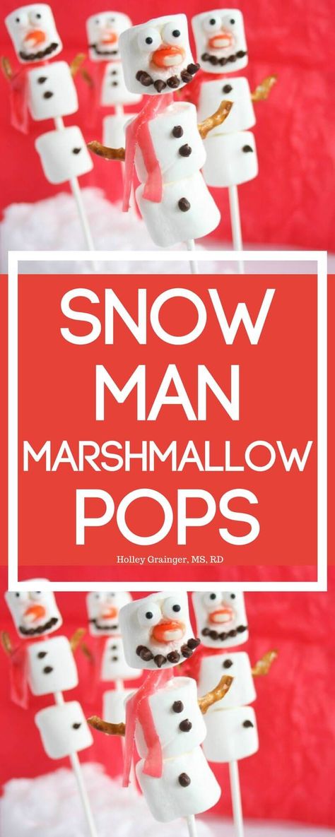 Snowman Marshmallow Pops - As if a skewer full of marshmallows wasn’t fun enough, these “pops” transform 3 marshmallows into an adorable and delicious snowman. | Holley Grainger | Christmas treats |  Snowman treat | holiday treats | kid-friendly holiday recipes | fun holiday food | marshmallow pops || #snowmandessert #holidaytreat Marshmallow Christmas Ideas, Marshmellow Snowman Treats, Snowman Marshmallow For Hot Chocolate, Marshmellow Snowman Craft For Kids, Snowman Marshmallow Pops, Snowman Treats Ideas, Snowman Treats For Kids, Snowman Marshmallows Craft, Christmas Marshmallow Pops