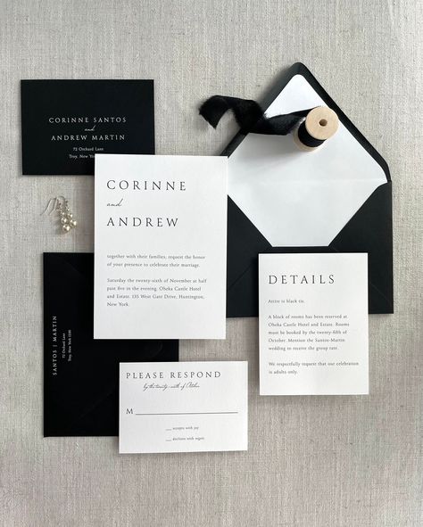 Timeless, elegant, and classic 🖤 #weddingstationery #weddingstationary #stationery #weddingflatlays #classicinvitations #semicustomstationery #invitationsuite #weddinginspiration #weddinginspo #weddinginvitations #weddinginvites #classicwedding #stationerydesigner #prettypaper #dailydoseofpaper Black And White Modern Wedding, Classic Wedding Invitations Elegant, White Modern Wedding, Wedding Invitations Champagne, Black Tie Wedding Invitations, Modern Wedding Invitation Suite, Black And White Wedding Theme, Classy Wedding Invitations, White Wedding Theme