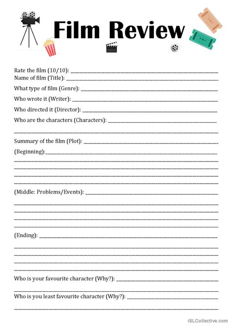 Film Review Questionnaire: English ESL worksheets pdf & doc Movie Review Worksheet, Film Review Example, Movie Lesson Plans, English Journal, Movie Rating, Ell Resources, Movie Worksheet, Speaking Activity, Writing Support