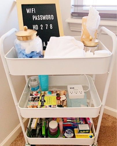 Carts For Bedroom, Guest Bathroom Cart, Guest Room Cart Ideas, Guest Bedroom Cart, Guest Room Cart, Utility Cart Ideas Bedroom, Cart Bedside Table, Bedroom Cart, Bedroom Basket