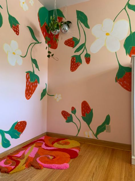 Strawberry mural with disco planters Funky Wall Colors, Strawberry Wall Decals, Strawberry Wall Painting, 70s Mural Art, Funky Paint Walls, Strawberry Wall Mural, Funky Mural Ideas, Funky Wall Art Paintings, Funky Murals Wall Art