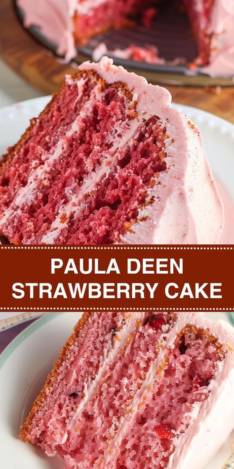 Discover the ultimate Strawberry Cake recipe inspired by Paula Deen! This moist and flavorful cake features layers infused with strawberry goodness and topped with a creamy strawberry frosting. Perfect for birthdays, parties, or any sweet celebration. Strawberry Cake Pioneer Woman, Paula Deen's Strawberry Cake, 2 Layer Strawberry Cake, Paula Deen Strawberry Cake Recipe, Southern Strawberry Cake, Old Fashion Strawberry Cake, Pioneer Woman Strawberry Cake, Paula Deen Cake Recipes, Paula Deen Strawberry Cake