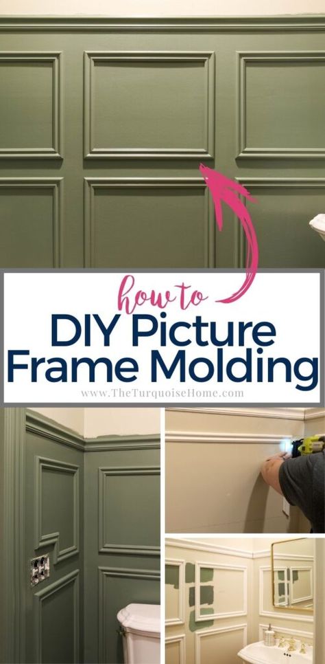 Adding DIY picture frame moulding on walls or adding a chair rail gives instant character to a room! And it's a great DIY project that even a beginner can do. Using Picture Frames As Molding, How To Add Picture Frame Molding, Wood Framing On Wall, Picture Frame Chair Rail, Easy Picture Frame Molding, Painting Wall With Chair Rail, Wallpaper Chair Rail Bedroom, Wallpaper Over Chair Rail, Picture Frame Moulding Gallery Wall