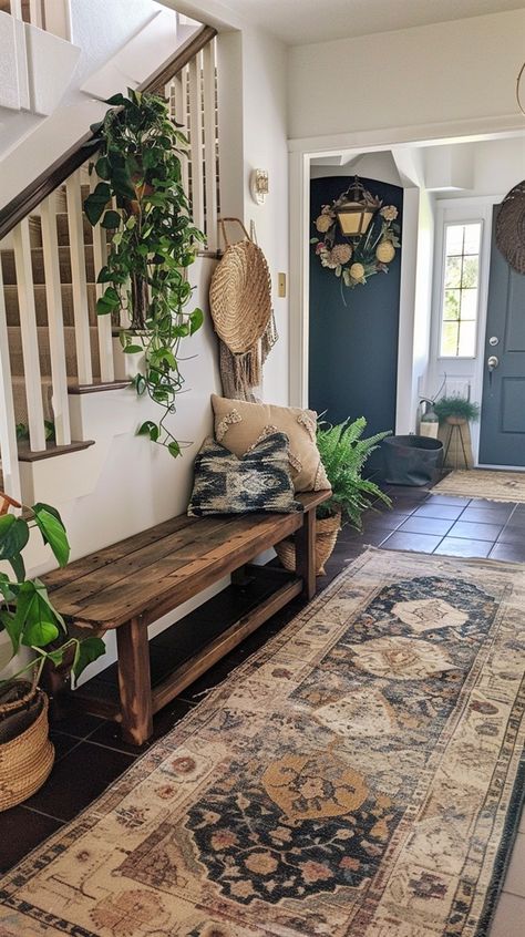 +68 Perfect Boho Entryway Ideas for Homes - DecorWithEva Creative Entryway Ideas, Farmhouse Entrance Entryway, Eclectic Grandma Decor, Boho Entryway Ideas, Colorful Entryway, Area Rug Ideas, Hall Ways Ideas, Eclectic Entryway, Boho Hallway