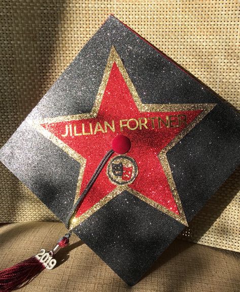 Habesha Graduation, Actor Graduation Cap, Film Major Graduation Cap, Senior Caps Ideas, Red Graduation Cap Designs, Broadway Graduation Cap, Musical Theatre Graduation Cap, Film Grad Cap, Theatre Graduation Cap