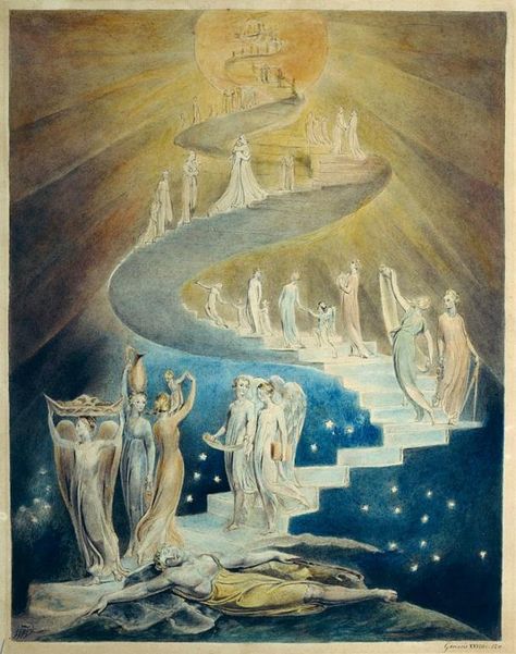 Jacob's Dream by William Blake (c. 1805, British Museum, London) Ladder Art, William Blake Paintings, Ladder To Heaven, Jacobs Ladder, Alfons Mucha, Jacob's Ladder, Albrecht Durer, Peter Paul Rubens, William Blake