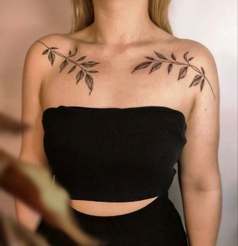 Earthy Collarbone Tattoos, Vine Collar Bone Tattoos For Women, Ivy Vine Collar Bone Tattoo, Chest Vine Tattoo Female, Shoulder And Collarbone Tattoo, Vines Chest Tattoo Female, Matching Shoulder Tattoos For Women, Pisces Zodiac Tattoo For Women, Olive Branch Tattoo Upper Arm