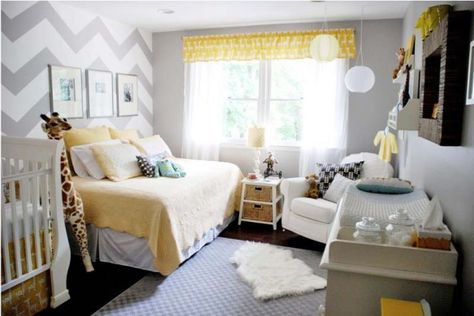 Probably my favorite nursery ever. Click on the pic for more pics of this lovely grey and yellow nursery. Grey Yellow Nursery, Nursery Window, Nursery Guest Room, Yellow Nursery, Chevron Wall, Space Nursery, Grey Nursery, Gender Neutral Nursery, Baby's Room