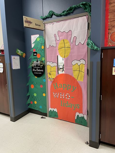 Classroom Whoville Decorations, Door Designs For Christmas, The Grinch School Hall Decorations, Whoville Office Door Decorating Ideas, Whoville Christmas Classroom Door, Whoville Classroom Door Decorations, Whoville Christmas Decorations School, Cindy Lou Who Door Decoration, Whoville Christmas Door Decoration