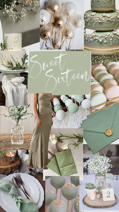 Sage green bday #sagegreen #party Sage Birthday Party Ideas, Green Theme Party Ideas, Sage Green And Gold Birthday Party Decor, Sweet Sixteen Party Ideas Green, Sage Green Birthday Party, Sage Green Birthday, Bridal Shower Inspo, Green Birthday, Sweet 16 Decorations