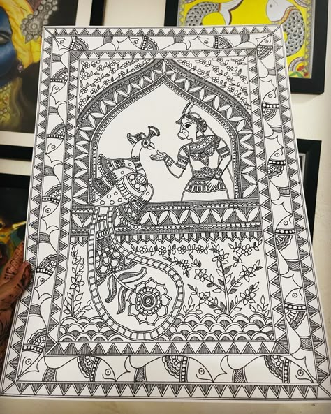 Big Madhubani Painting, Godna Madhubani Painting, Madhubani Painting For Beginners, Madhubani Embroidery, Madhubani Paintings Traditional, Mithila Art, Madhubani Paintings, Gold Art Painting, Indian Art Gallery