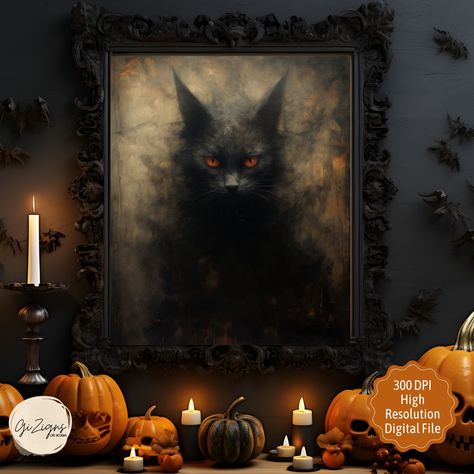 "Spooky, creepy haunted vibes will be felt with this trendy digital printable Halloween scary black cat wall art.  This Halloween grunge cat artwork will be delivered by a digital wall art file link in 6 different ratio formats to download and print for your Halloween home, Halloween school and Halloween party décor, posters, decorations and wall art.  Creepy!  Scary!           🎨 Artistry Unleashed: Elevate your wall decor with our digital art pieces. Each file is carefully designed to evoke em Scary Black Cat, Halloween Grunge, Spooky Vintage, Cat Printable, Chat Halloween, Halloween Wall Decor, Cat Artwork, Halloween Poster, Cat Halloween