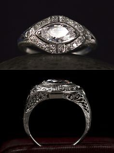 1920s Art Deco 0.96ct Old Marquise Diamond (E-F VS2) Ring, 0.24ctw Single Cut Diamonds, Platinum Filigree, $7995 Proof that the East-West marquise is not a new idea. East West Marquise, Marquis Diamond, Marquise Diamond Engagement Ring, Marquise Diamond Ring, Marquise Ring, Deco Retro, Ring Settings, 1920s Art, 1920s Art Deco