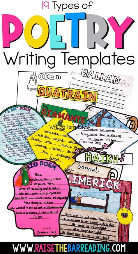 Poetry Writing Templates for 19 different types of poems! So helpful for 3rd through 5th grade students in writing a haiku, I am poem, bio poem, diamante poem, limerick, ballad, ode, and tons more! Graphic organizers for prewriting and final copy templates for a poetry bulletin board for poetry month! Poetry Grade 3 Activities, 3rd Grade Poetry Lessons, Poetry Worksheets 2nd Grade, Poetry For 3rd Grade, Poetry Unit First Grade, Poetry Vocabulary Words, Free Poetry Templates, Poetry Unit Grade 3, Grade 2 Poetry