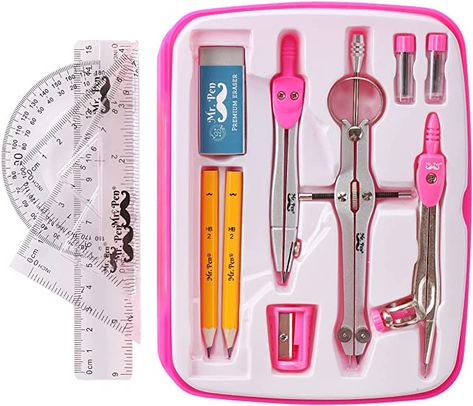 Geometry Box Design, Geometry Box Tools, Girl School Supplies, Math Tools, Drafting Tools, School Bag Essentials, Best English Songs, Pink Office, School List